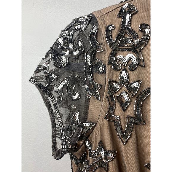 ADRIANNA PAPELL DRESS 2 SEQUIN BEADED MESH SHEER TAN NUDE SILVER MINI COCKTAIL - Picture 9 of 16